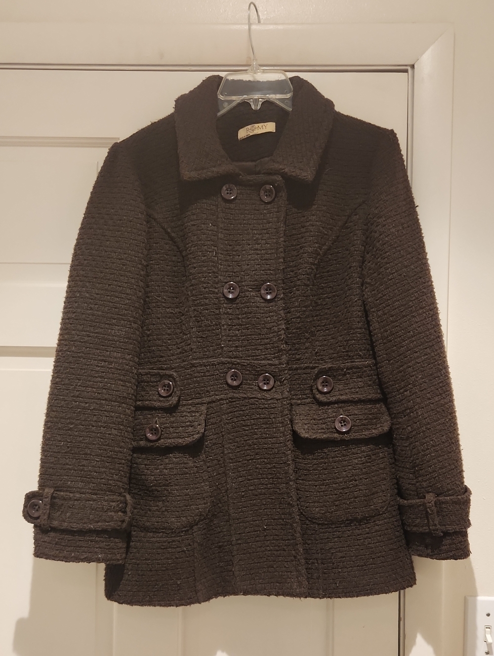 ROMY Women's Double-Breasted Textured Peacoat Jacket - Chocolate Brown Size L